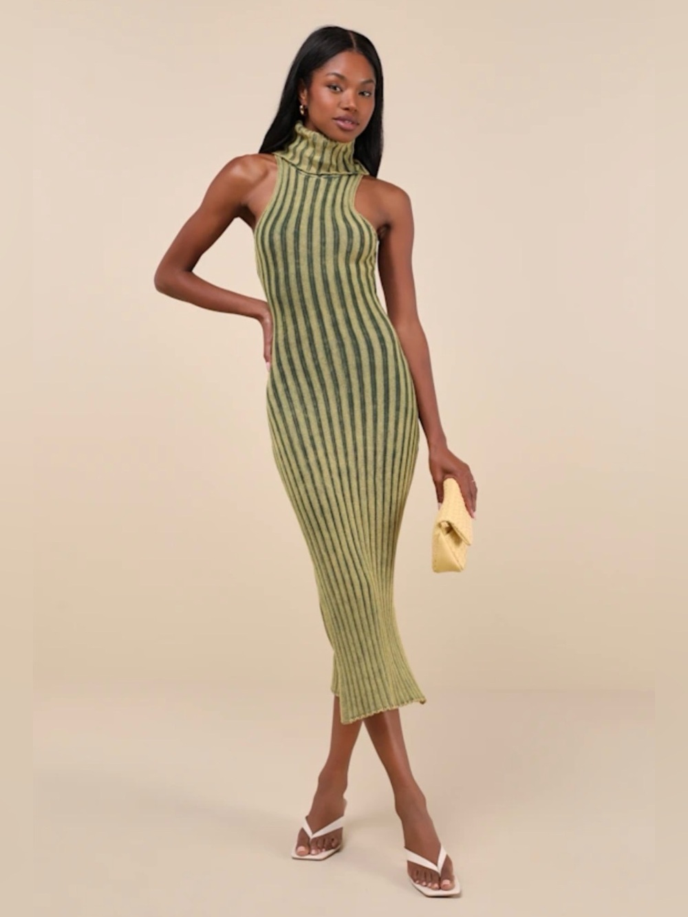 Lulus Green Ribbed Turtle Neck Midi Sweater Dress Size Small
